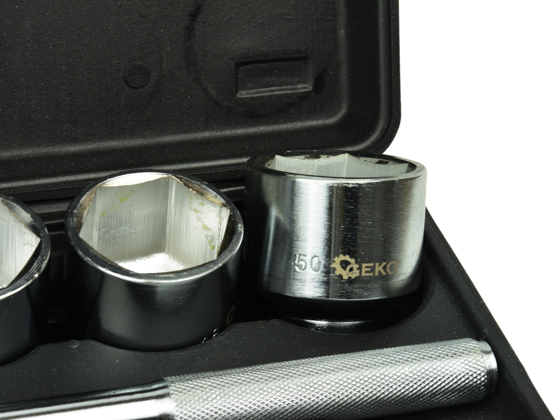Set di bussole con cricchetto reversibile, esagonali, estensibile, 19–50 mm (3/4"), 21 pz., con prolunghe, Geko