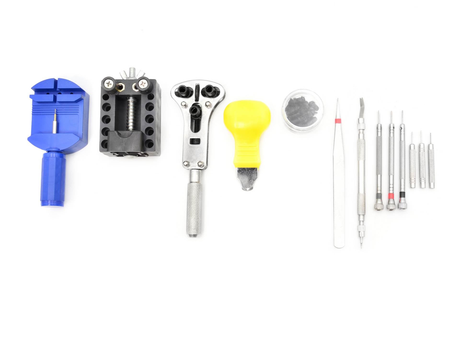 Kit riparazione orologiaio, sostituzione/cambio batteria, togli maglie orologi, chiave fondello aprire/apri cassa, accorciare/rimuovi/regola perni cinturino orologio, cacciavite