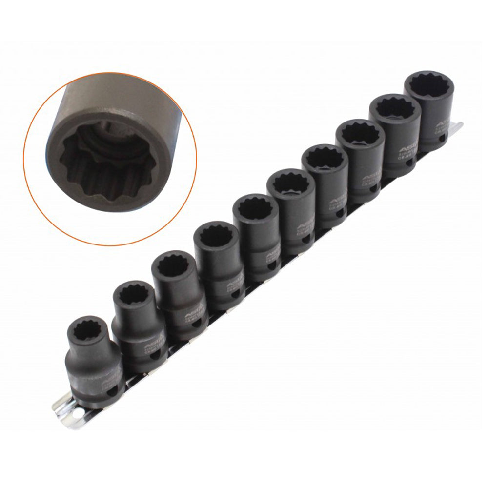 Set di 10 bussole a impatto, bussole a impulsi profondo, bussole a impatto attacco 1/2" esagonali corte, 17-41 mm, poligonali