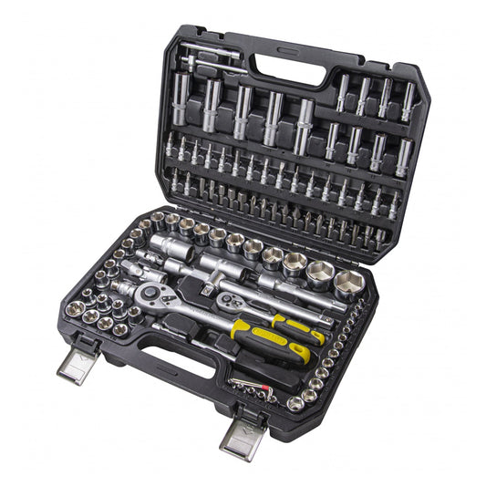 Valigetta utensili professionale 108 pezzi, serie di chiavi a bussola, torx cricchetti, prolunghe, kit attrezzi per auto, officina fai-da-te con attacchi 1/2" e 1/4", Cr-V Topmaster Pro