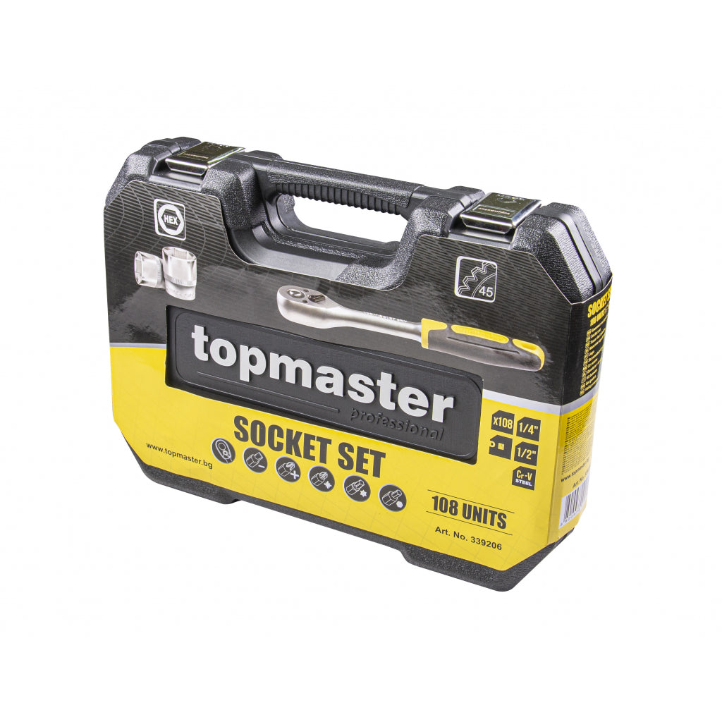Valigetta utensili professionale 108 pezzi, serie di chiavi a bussola, torx cricchetti, prolunghe, kit attrezzi per auto, officina fai-da-te con attacchi 1/2" e 1/4", Cr-V Topmaster Pro