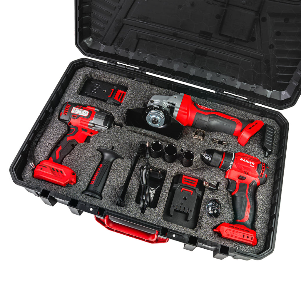 Avvitatore a impulsi a batteria, impact driver/trapano a percussione – 50 Nm 320 Nm, 1/2", smeragliatrice angolare 125 mm con 2 batterie 2x2Ah Raider Pro