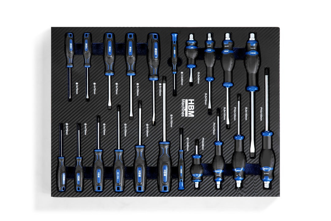 Carrello completo di attrezzi professionale Hbm,set 262 pezzi con 7 cassetti 6 scomparti e ruote da officina Carbon premium Olanda
