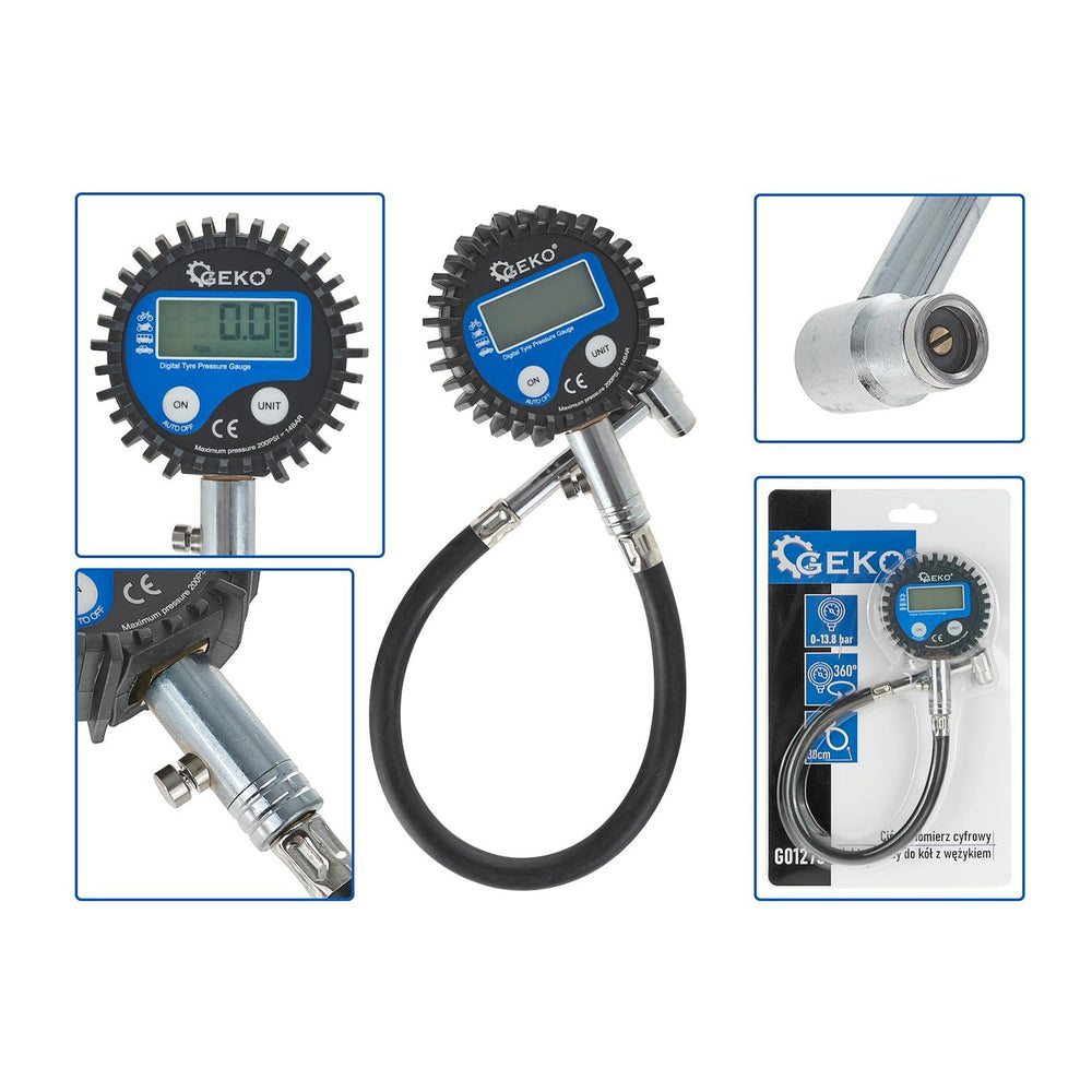 Manometro digitale per pneumatici, precisione professionale, 200 PSI, accessorio compressore aria con LCD, tubo in gomma per auto, Geko