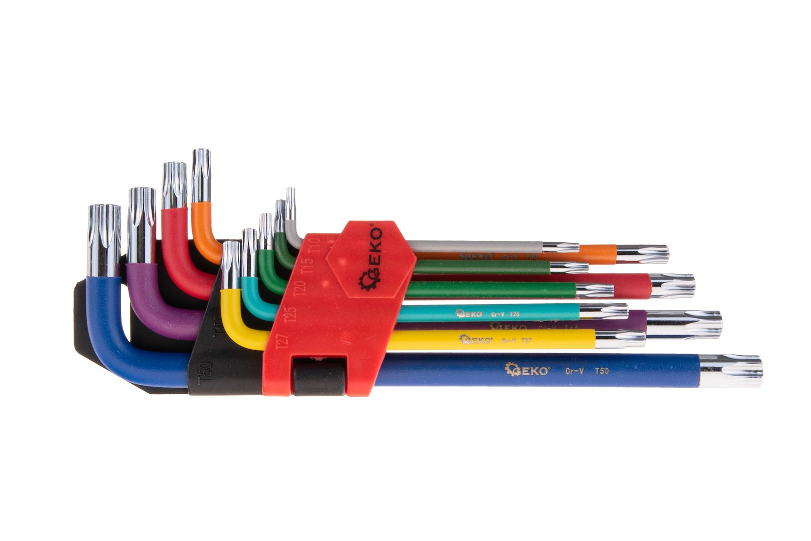 Chiavi Torx lunghe ad L set 9 pezzi, acciaio chrom vanadium, colorate, set chiavi Torx extra lunghe in pratico supporto, T10 - T50, Geko