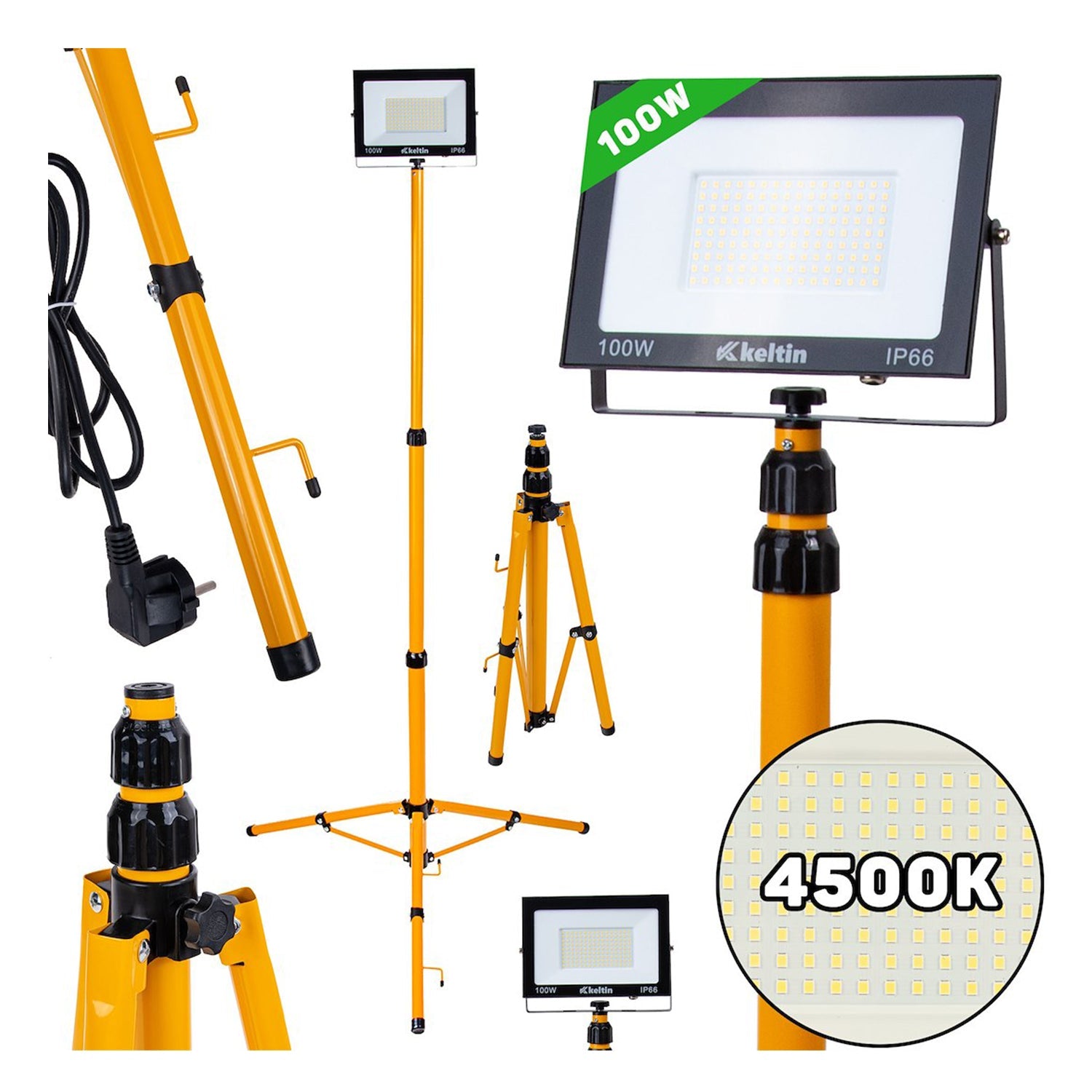 Proiettore LED 100 w con treppiede telescopico regolabile 60–160 cm, bianco neutro 4500 K, 10.000 LM GEKO