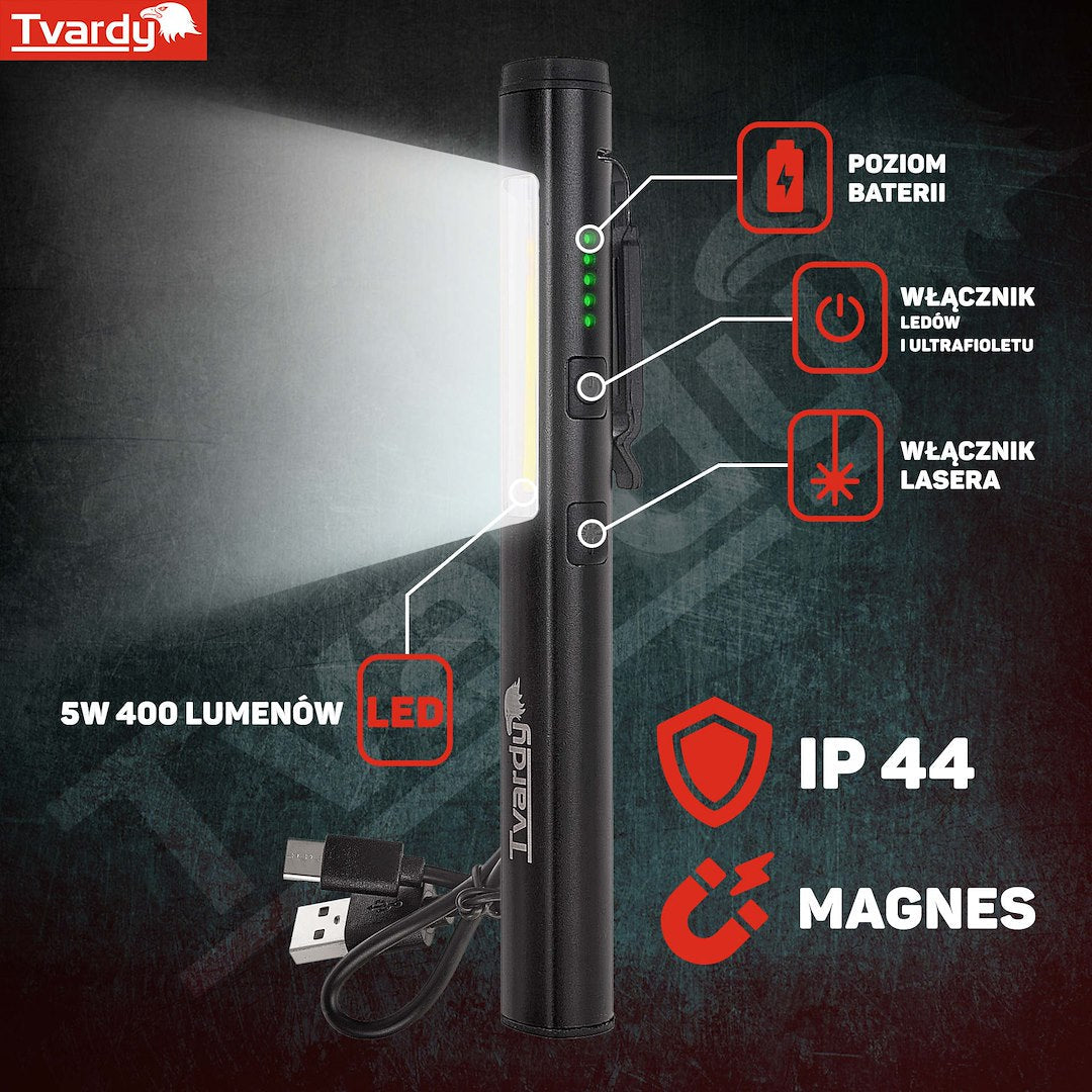 Lampada da lavoro magnetica ricaricabile a LED COB con laser e UV , 5W 800MAH 400LM, torcia da lavoro