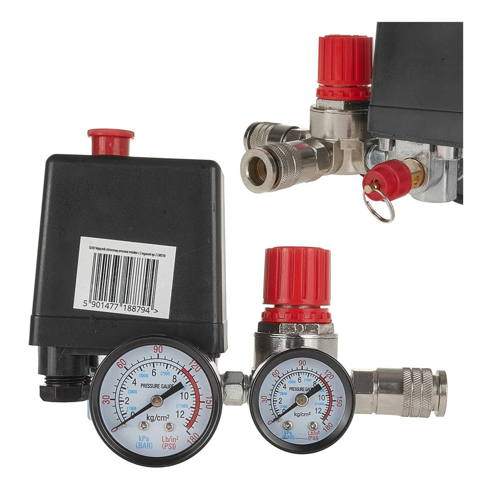 Regolatore di pressione universale con pressostato per compressore e 2 display manometri