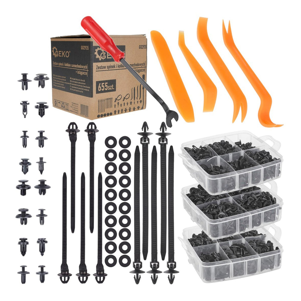 Set strumenti di rimozione clips auto, kit utensili di smontaggio per auto porta pannello, cruscotto auto, radio,interno auto con clip e fissaggi auto universali, 620 pezzi Gebo Tools