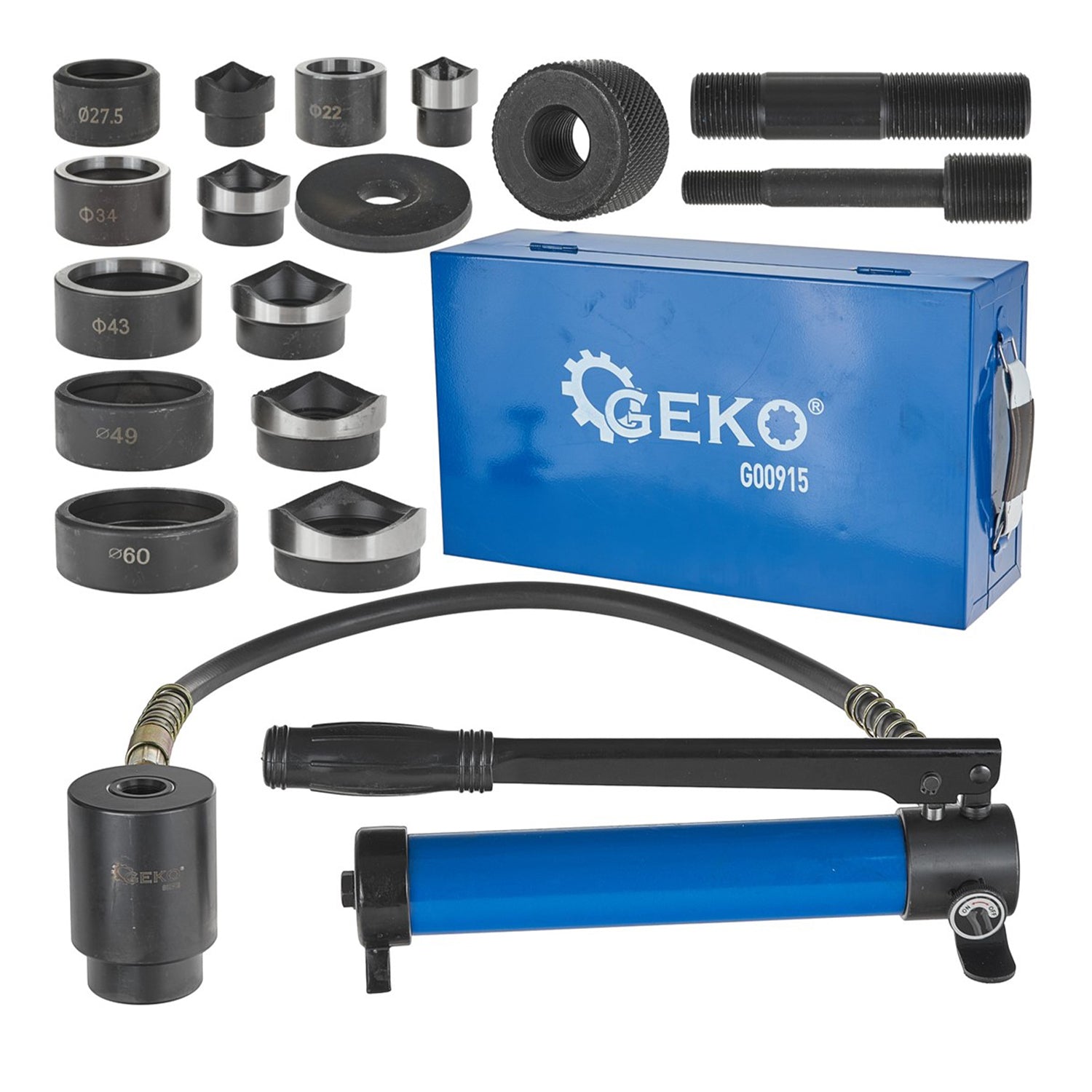 Punzone idraulico hydraulic knockout kit 22–60 mm, 10 t, punzonatrice idraulica in acciaio inox, strumento di perforazione per condotto elettrico, kit di punzonatrice idraulica per perforazione, Geko