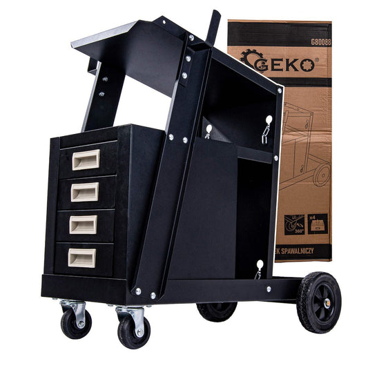 Carrello per saldatura 2 ripiani con 4 cassetti per trasporto saldatrice con ruote carico girevoli 360 gradi, carrello per attrezzatura di saldatura con scomparto 29 x 25.5 cm portabombola gas, nero