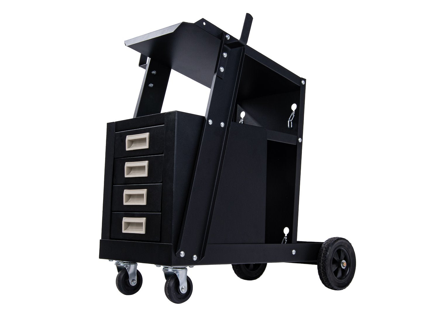 Carrello per saldatura 2 ripiani con 4 cassetti per trasporto saldatrice con ruote carico girevoli 360 gradi, carrello per attrezzatura di saldatura con scomparto 29 x 25.5 cm portabombola gas, nero