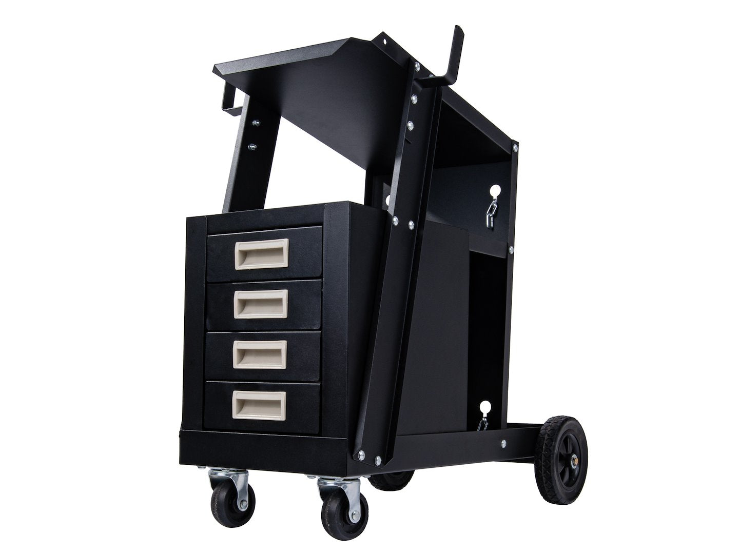 Carrello per saldatura 2 ripiani con 4 cassetti per trasporto saldatrice con ruote carico girevoli 360 gradi, carrello per attrezzatura di saldatura con scomparto 29 x 25.5 cm portabombola gas, nero