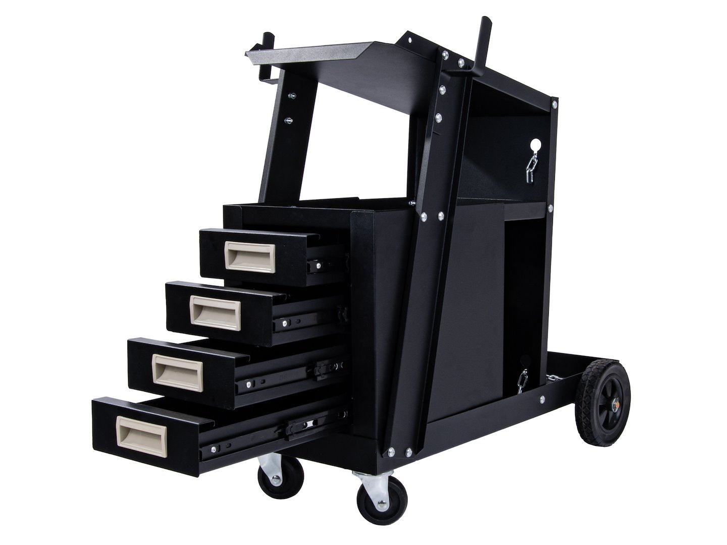 Carrello per saldatura 2 ripiani con 4 cassetti per trasporto saldatrice con ruote carico girevoli 360 gradi, carrello per attrezzatura di saldatura con scomparto 29 x 25.5 cm portabombola gas, nero