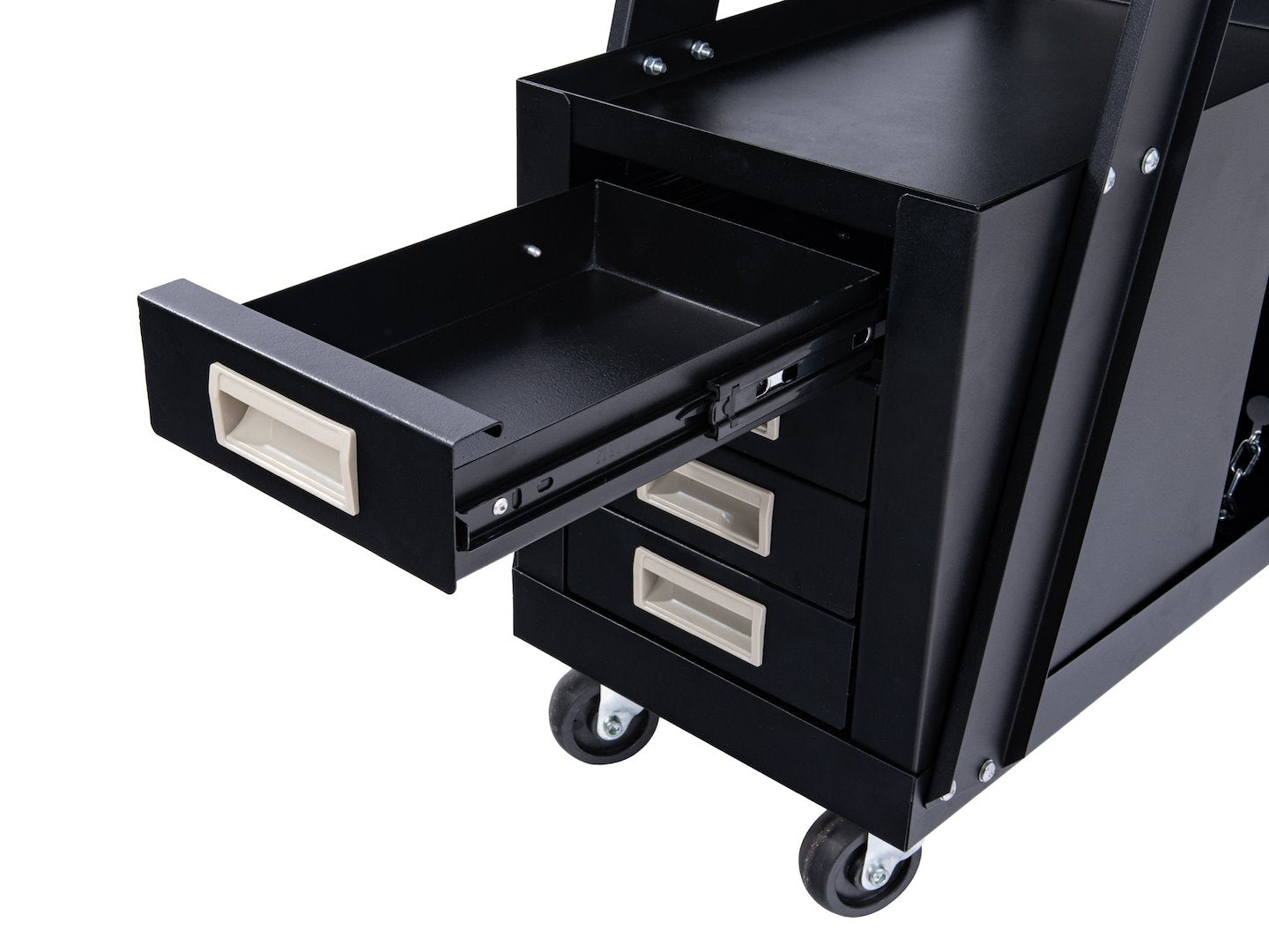 Carrello per saldatura 2 ripiani con 4 cassetti per trasporto saldatrice con ruote carico girevoli 360 gradi, carrello per attrezzatura di saldatura con scomparto 29 x 25.5 cm portabombola gas, nero