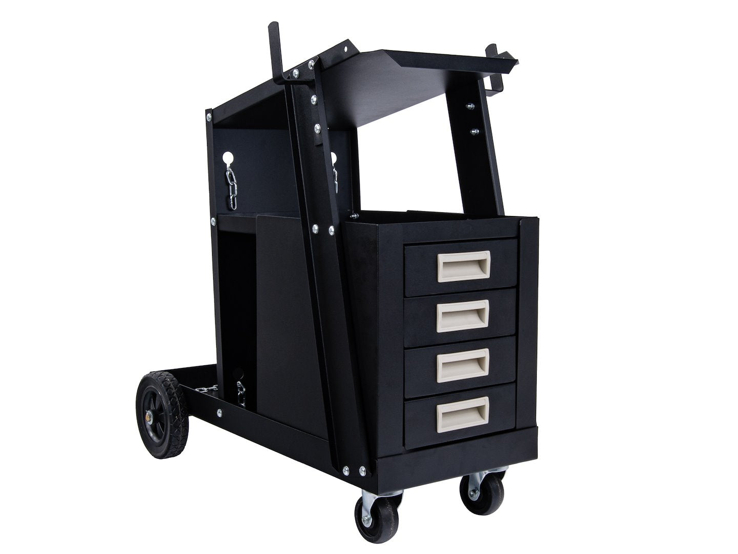 Carrello per saldatura 2 ripiani con 4 cassetti per trasporto saldatrice con ruote carico girevoli 360 gradi, carrello per attrezzatura di saldatura con scomparto 29 x 25.5 cm portabombola gas, nero