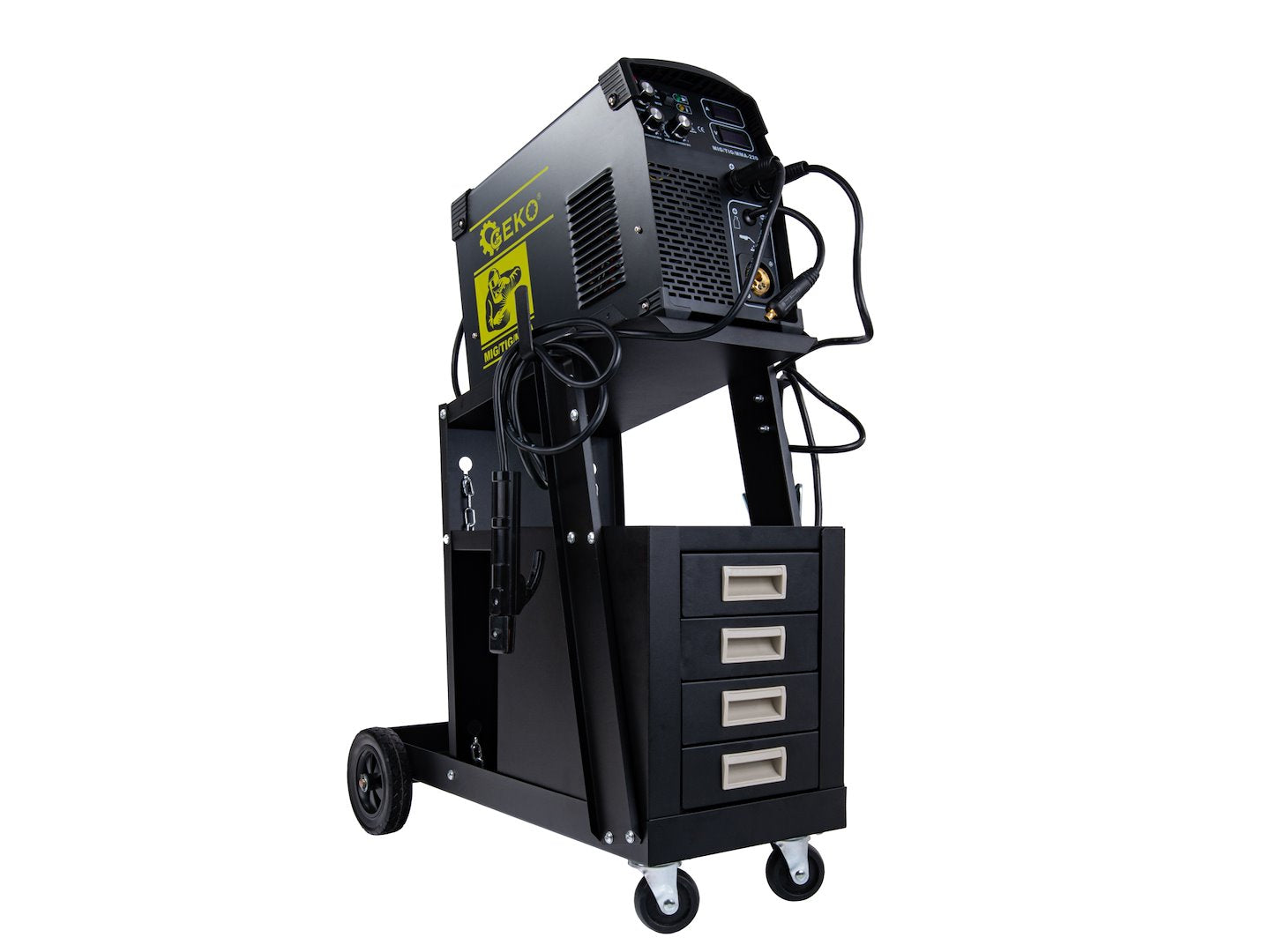 Carrello per saldatura 2 ripiani con 4 cassetti per trasporto saldatrice con ruote carico girevoli 360 gradi, carrello per attrezzatura di saldatura con scomparto 29 x 25.5 cm portabombola gas, nero