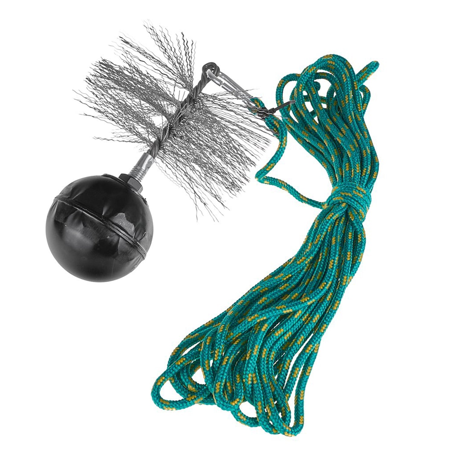 Set di spazzacamino - attrezzi per pulizia canne fumarie - spazzola metallica ø150mm - corda lunghezza 10m - sfera 1.3kg - moschettone, scovolo spazzacamino per camini in kit