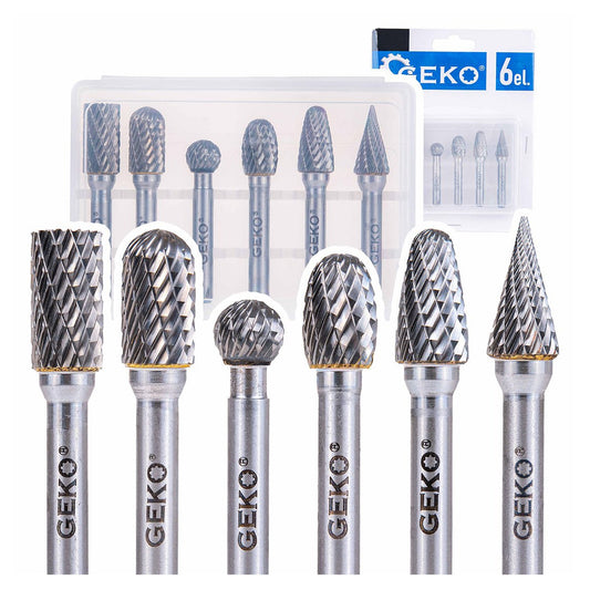 Set di 6 frese su gambo in carburo di tungsteno, kit frese rotanti, testa di affilatura per lucidatura metalli, incisione, foratura, 6 mm Geko
