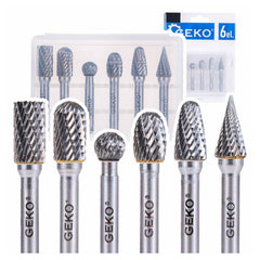 Set di 6 frese su gambo in carburo di tungsteno, kit frese rotanti, testa di affilatura per lucidatura metalli, incisione, foratura, 6 mm Geko