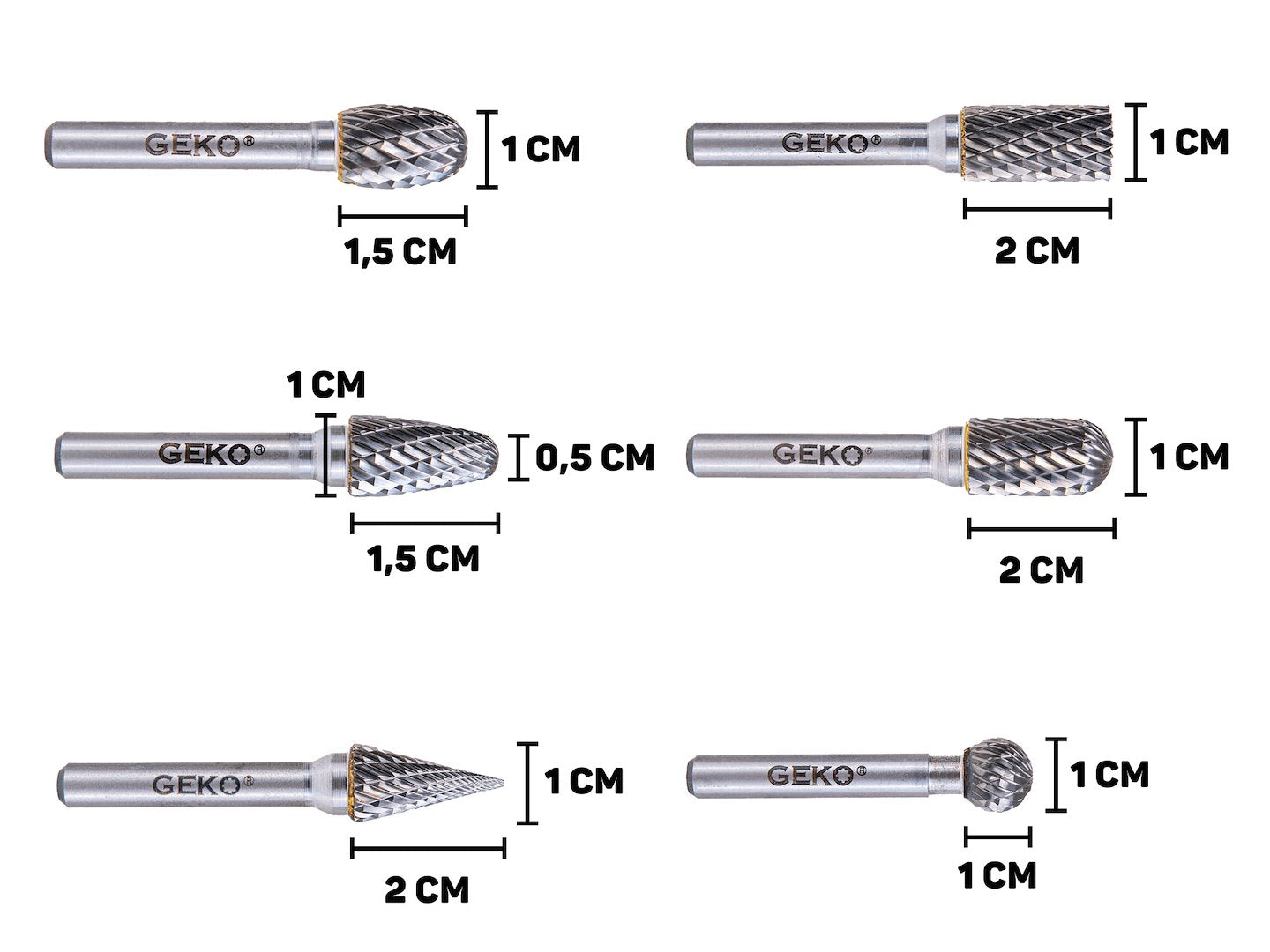 Set di 6 frese su gambo in carburo di tungsteno, kit frese rotanti, testa di affilatura per lucidatura metalli, incisione, foratura, 6 mm Geko