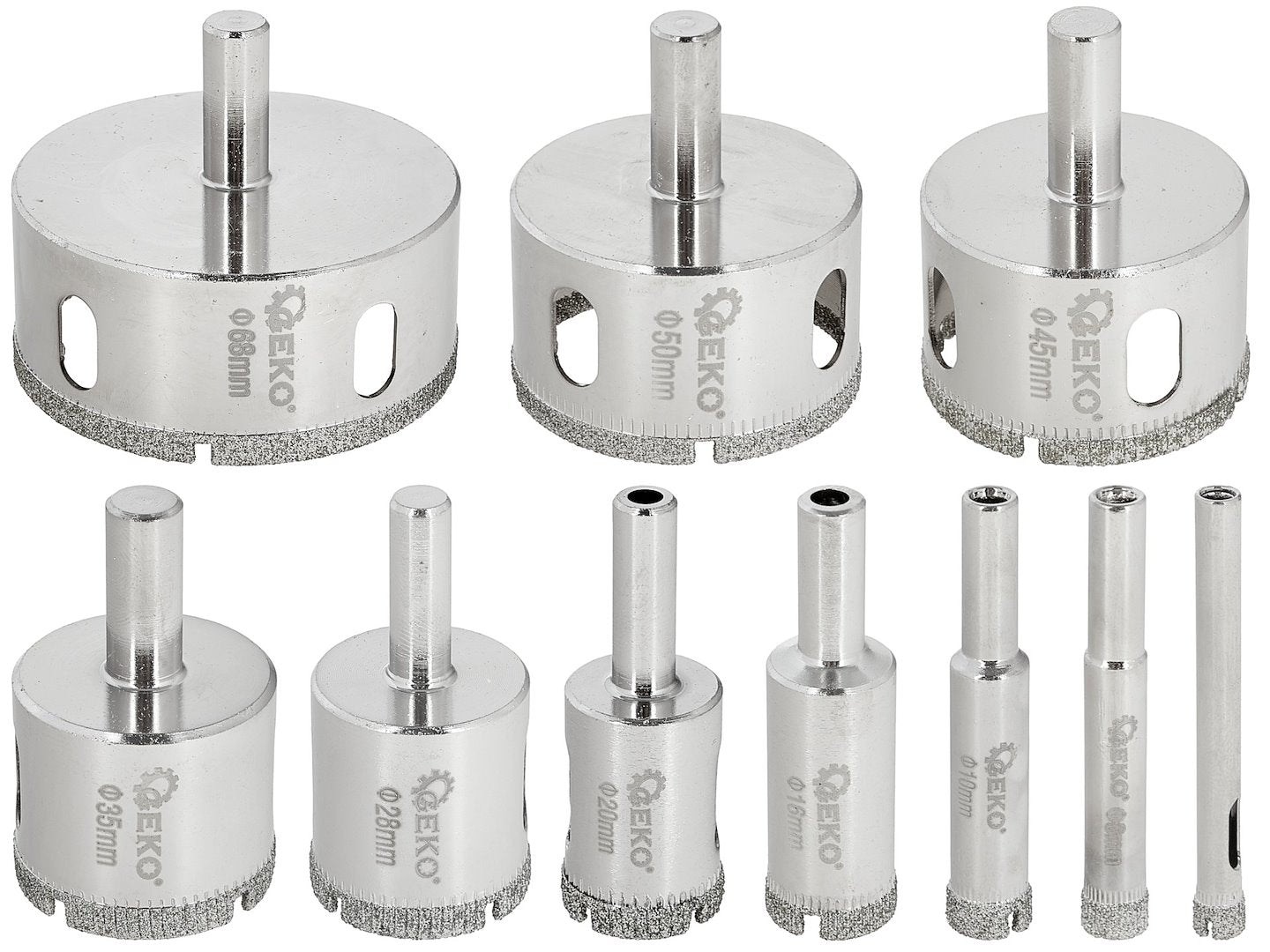 Set di punte diamantate - punte per smusso, seghe a tazza per porcellana piastrella ceramica granito marmo muratura, con gambo, 6-68 mm 10 pezzi Geko