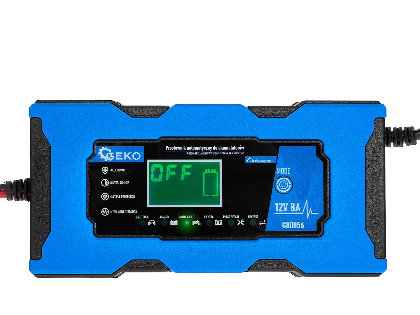 Caricabatterie intelligente automatico per auto, moto, caravan 12 V 8 A, mantenitore di carica con protezione da sovraccarico e compensazione termica, per batterie WET, MF, Ca/Ca, GEL, AGM e LiFePO4, con display digitale LCD, Geko