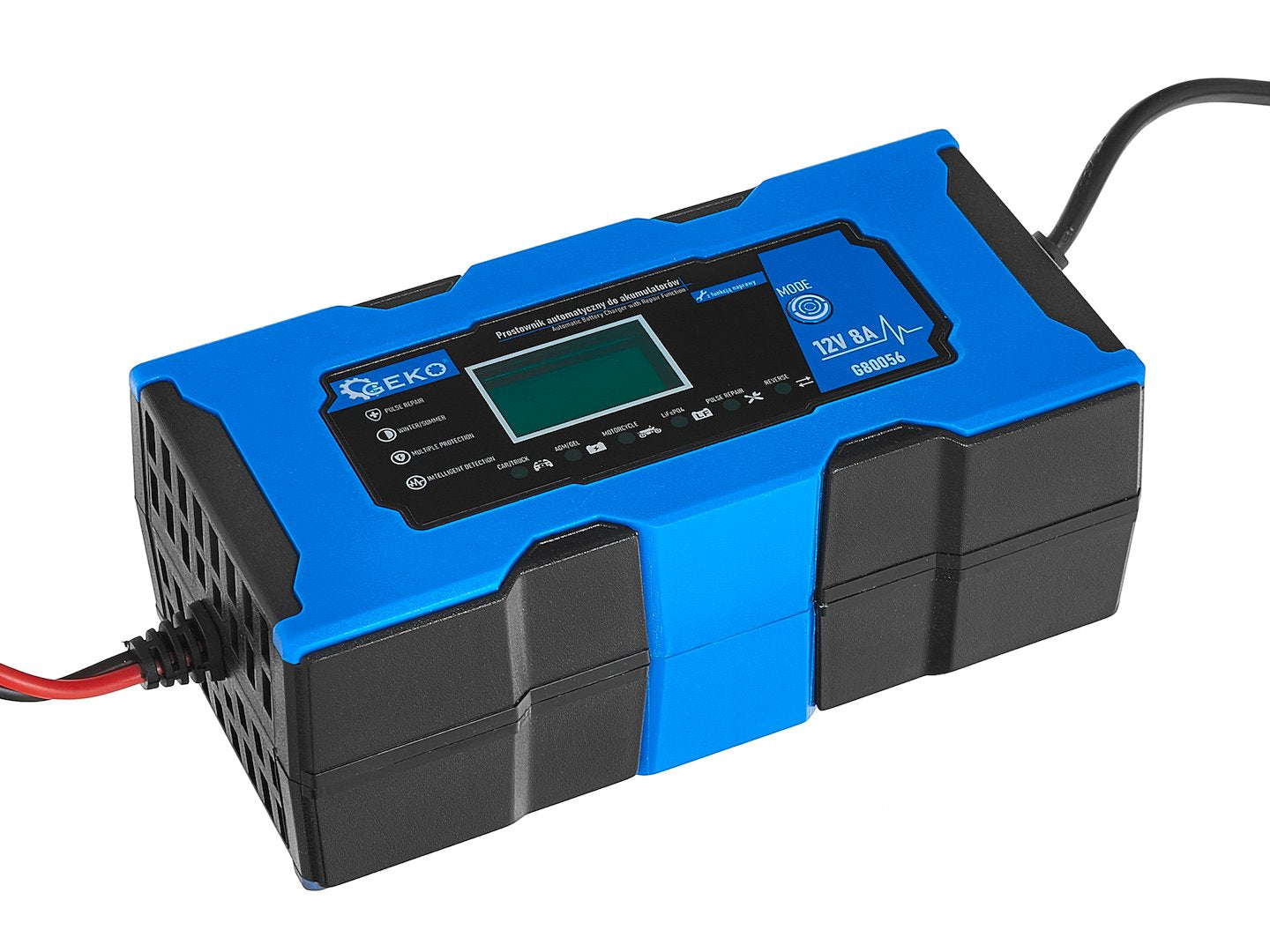 Caricabatterie intelligente automatico per auto, moto, caravan 12 V 8 A, mantenitore di carica con protezione da sovraccarico e compensazione termica, per batterie WET, MF, Ca/Ca, GEL, AGM e LiFePO4, con display digitale LCD, Geko
