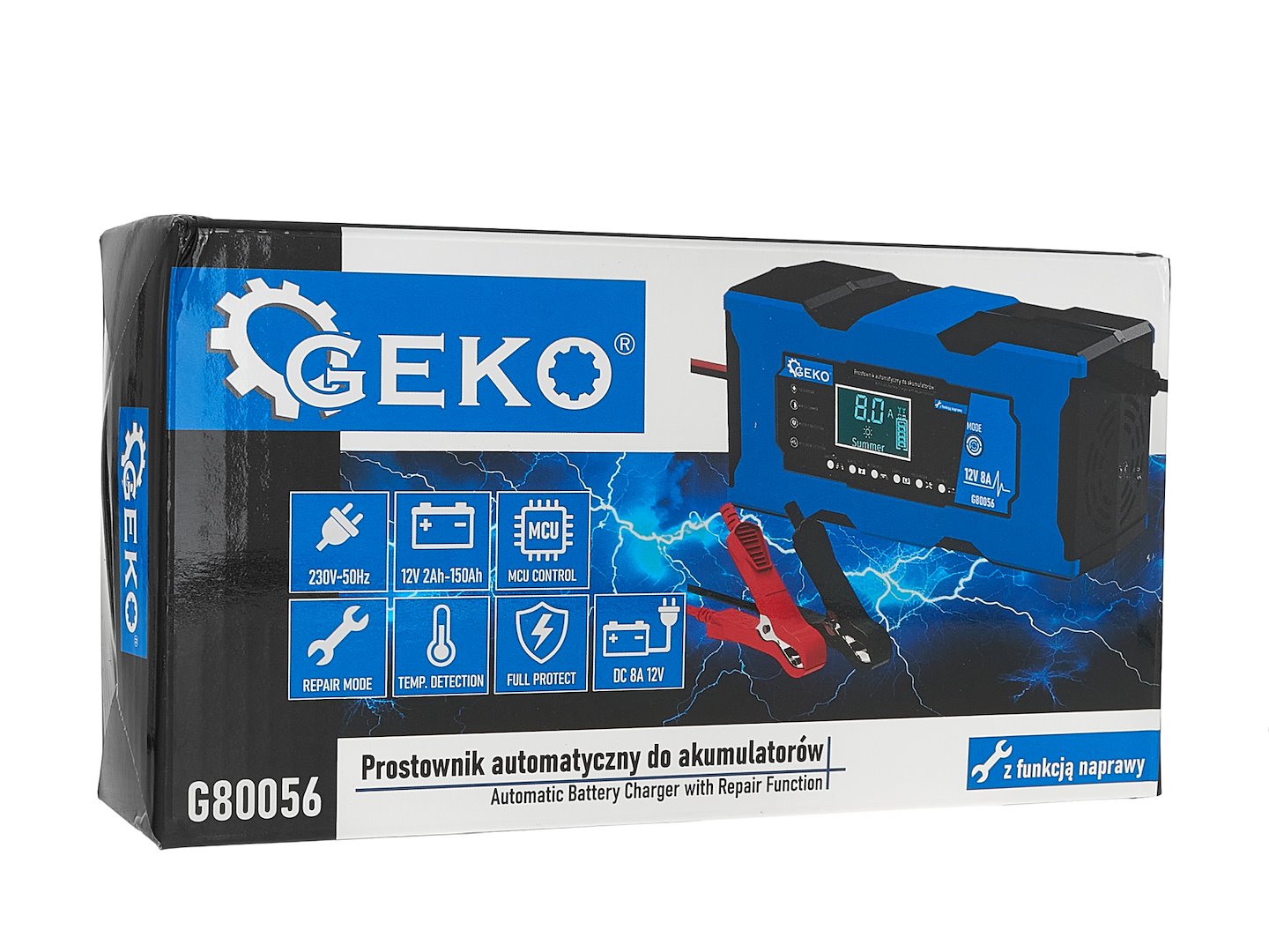 Caricabatterie intelligente automatico per auto, moto, caravan 12 V 8 A, mantenitore di carica con protezione da sovraccarico e compensazione termica, per batterie WET, MF, Ca/Ca, GEL, AGM e LiFePO4, con display digitale LCD, Geko