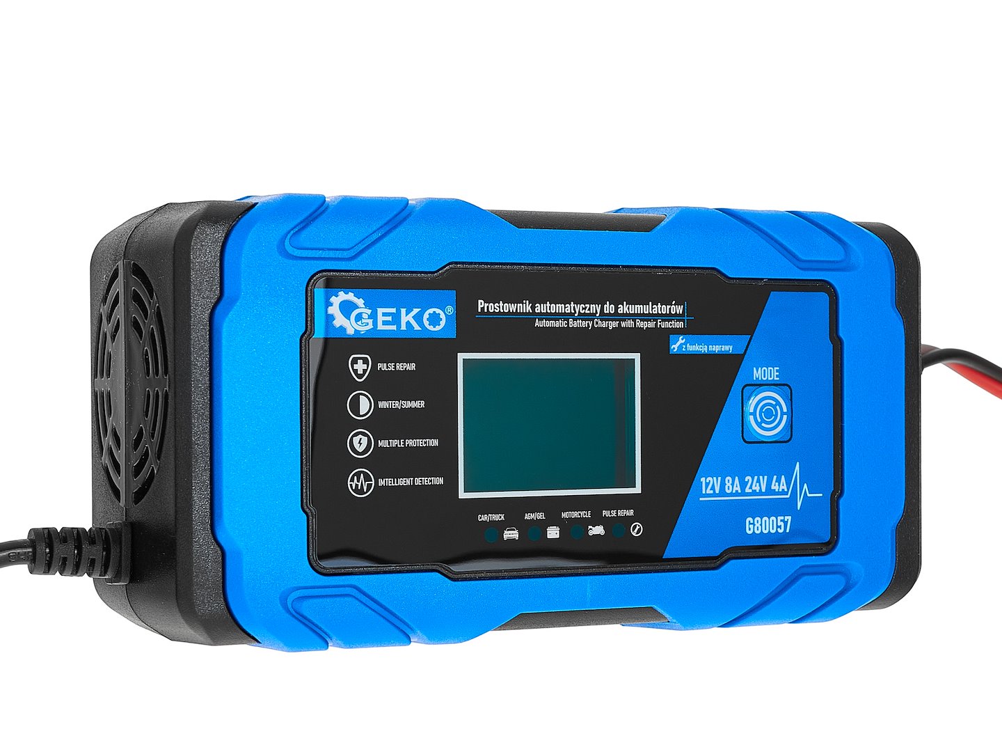 Caricabatterie intelligente automatico per auto, moto, caravan 12/24V 8A, mantenitore di carica con protezione da sovraccarico e compensazione termica, per batterie al piombo-acido di tipo WET, MF, Ca/Ca, batterie GEL e AGM, con display digitale LCD, Geko