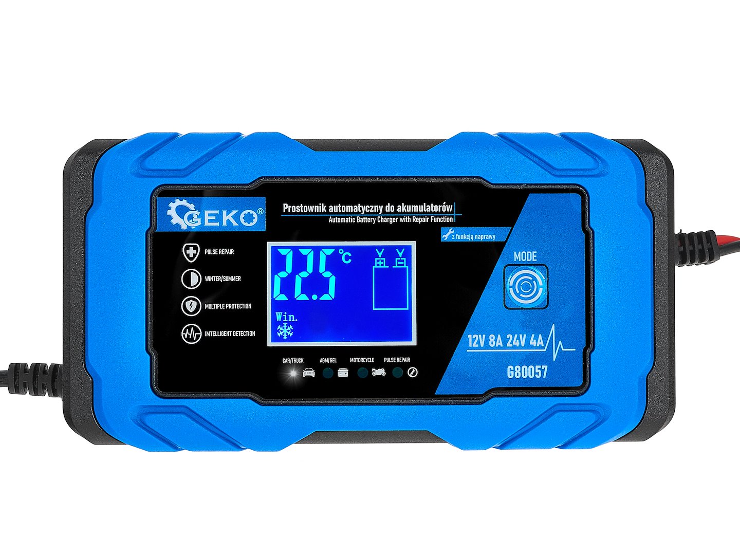 Caricabatterie intelligente automatico per auto, moto, caravan 12/24V 8A, mantenitore di carica con protezione da sovraccarico e compensazione termica, per batterie al piombo-acido di tipo WET, MF, Ca/Ca, batterie GEL e AGM, con display digitale LCD, Geko