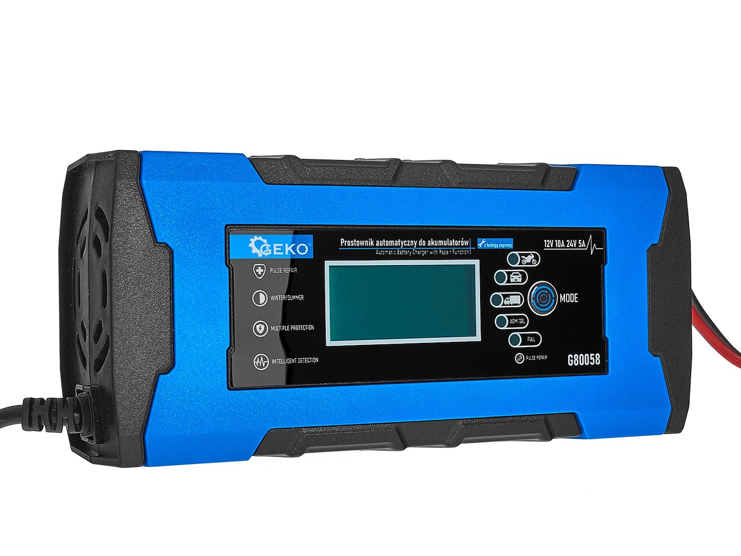 Caricabatterie intelligente automatico per auto, moto, caravan 12/24 V 10 A , mantenitore di carica con protezione da sovraccarico e compensazione termica, per batterie WET, MF, Ca/Ca, GEL e AGM, con display digitale LCD, Geko