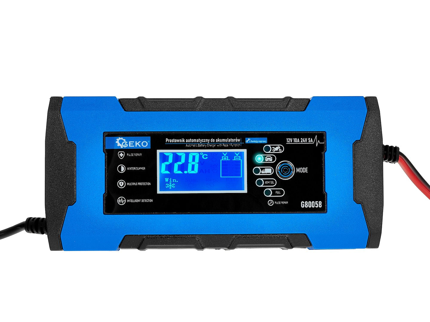 Caricabatterie intelligente automatico per auto, moto, caravan 12/24 V 10 A , mantenitore di carica con protezione da sovraccarico e compensazione termica, per batterie WET, MF, Ca/Ca, GEL e AGM, con display digitale LCD, Geko