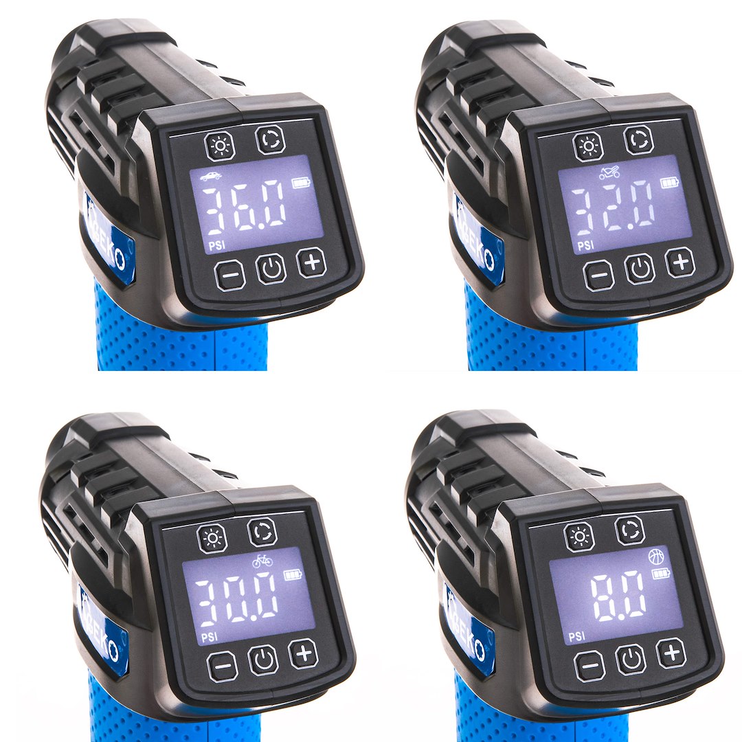 Compressore aria portatile senza fili, gonfiatore pneumatici per auto, moto e bicicletta con manometro lcd, luce led, batteria 12V ricaricabile