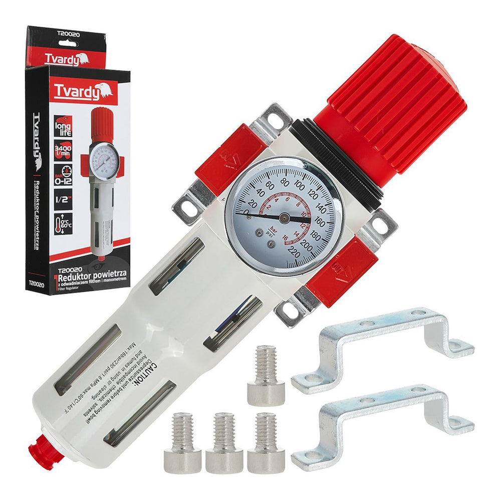 Filtro aria con regolatore di pressione del separatore d'acqua, con valvola di riduzione e manometro, accessorio per utensili pneumatici,  1/2'' Tvardy