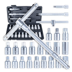 Set chiavi bussole, set olio tappo di scarico noci con un quadro scorrevole, kit chiavi a bussola per tappo della coppa dell'olio 5/16”3/8”, 23 pezzi, in acciaio Cr-V