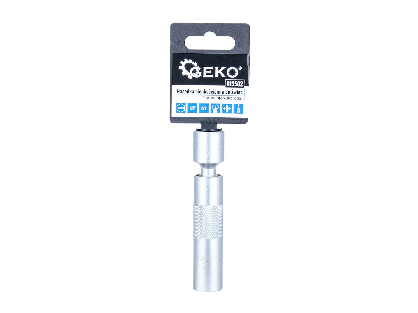 Chiave candela, 12 punti, 3/8”, 14mm, giunto cardanico, parete sottile e asta lunga, acciaio Cr-V, Geko