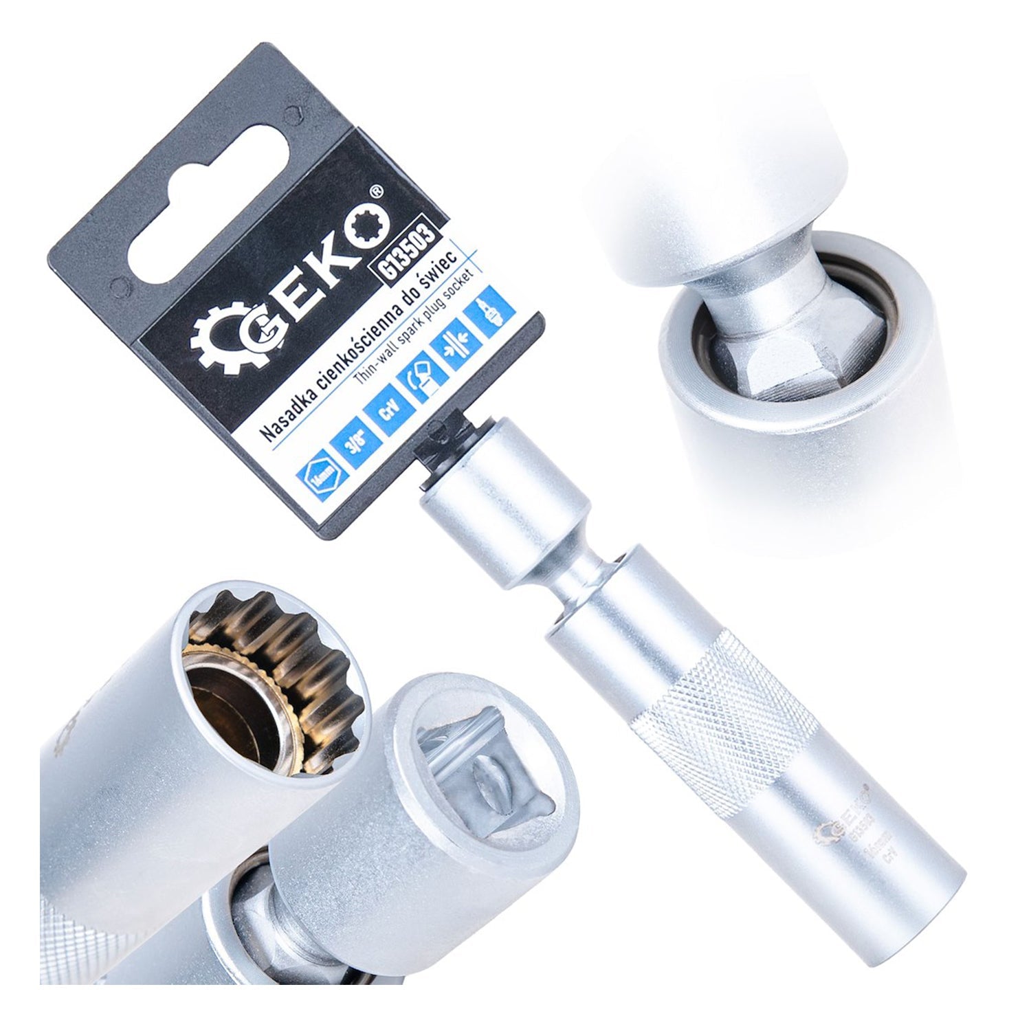 Chiave candela, 12 punti, 3/8”, 16mm, giunto cardanico, parete sottile e asta lunga, acciaio Cr-V, Geko