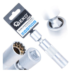 Chiave candela, 12 punti, 3/8”, 16mm, giunto cardanico, parete sottile e asta lunga, acciaio Cr-V, Geko