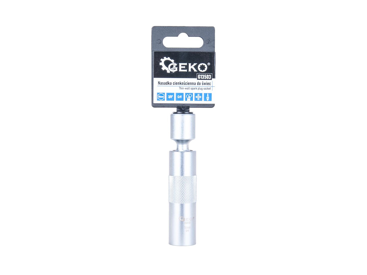 Chiave candela, 12 punti, 3/8”, 16mm, giunto cardanico, parete sottile e asta lunga, acciaio Cr-V, Geko