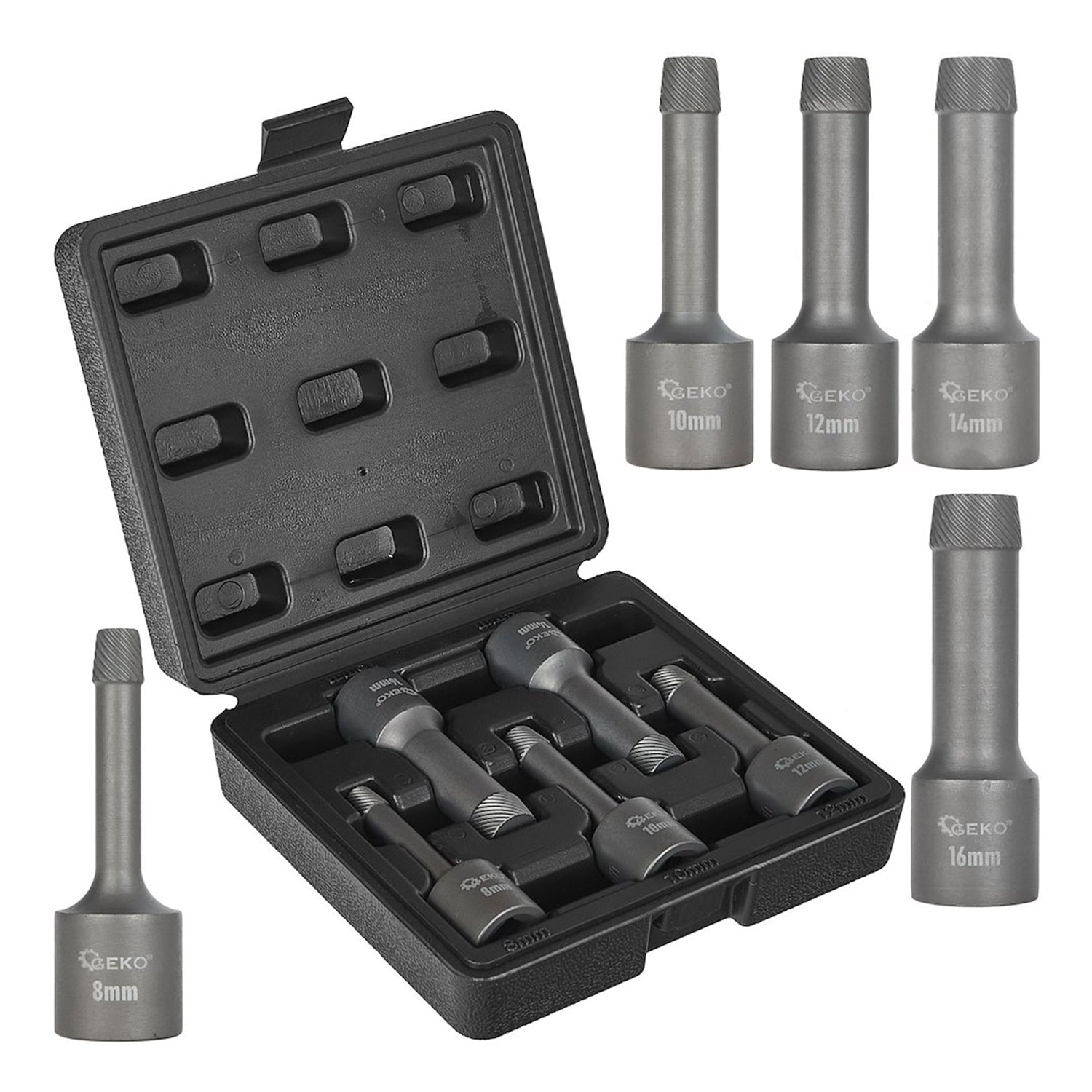 Set di 5 estrattori per viti svitate, rotte e danneggiate - con attacco 1/2", 8-16 mm - kit di rimozione con punte per trapano, estrattori, in lega di acciaio, Geko
