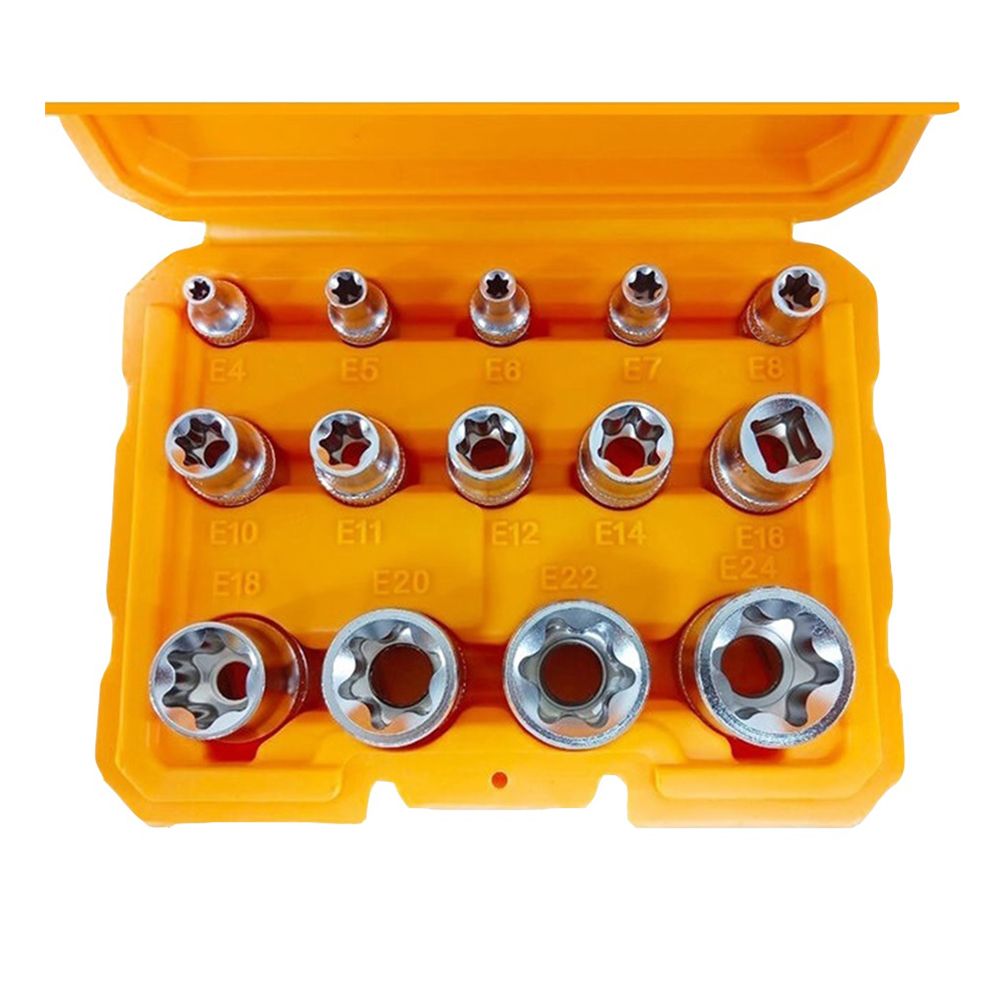 Set di chiavi a bussola torx 14 pezzi  E4–E24, attacco 1/4" 3/8" 1/2", 4-24 mm, chrome vanadium, Ingco