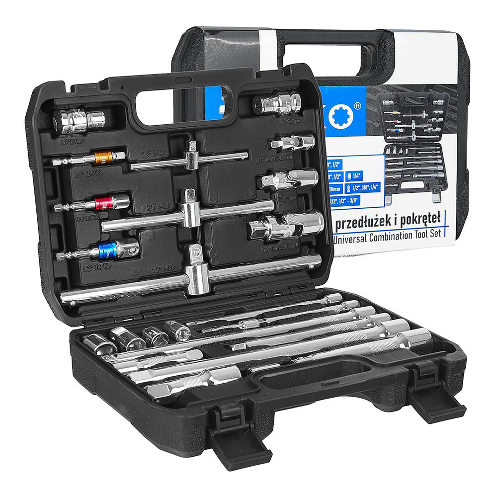 Set 25 accessori di attacco, adattatori, prolunghe, giunti e barre a impatto, in acciaio cr-v, set di adattatori per prese adattatore di prolunga, kit prolunghe prolunga di estensione + adattatori da 1/4" 3/8" 1/2", Geko