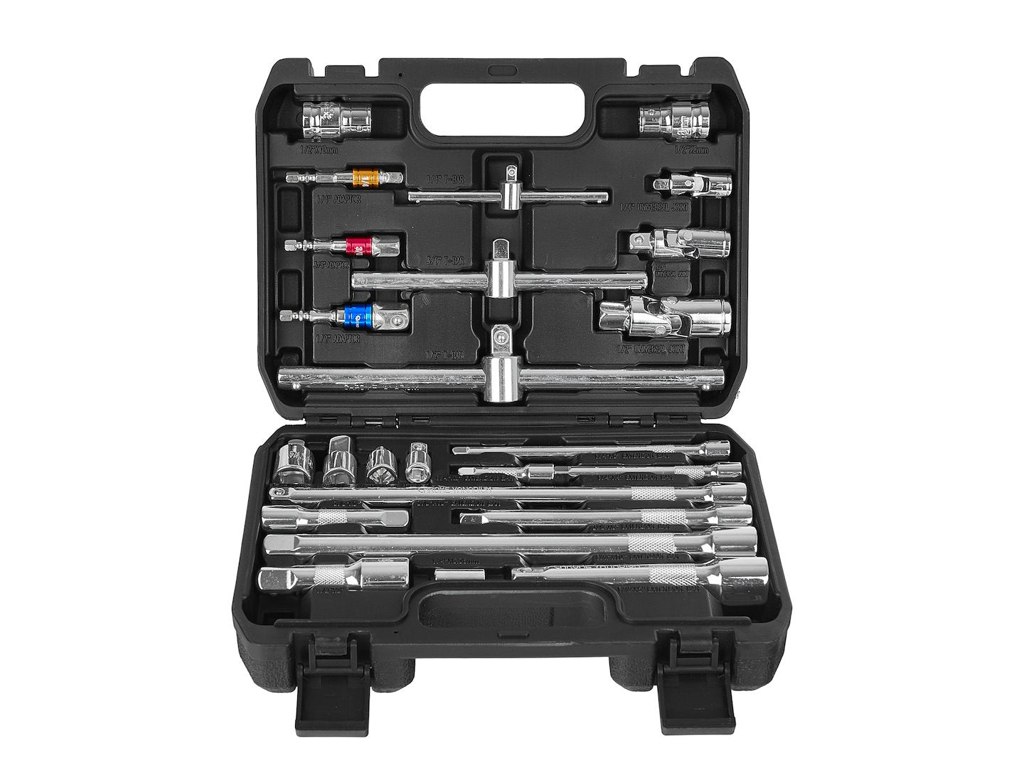 Set 25 accessori di attacco, adattatori, prolunghe, giunti e barre a impatto, in acciaio cr-v, set di adattatori per prese adattatore di prolunga, kit prolunghe prolunga di estensione + adattatori da 1/4" 3/8" 1/2", Geko