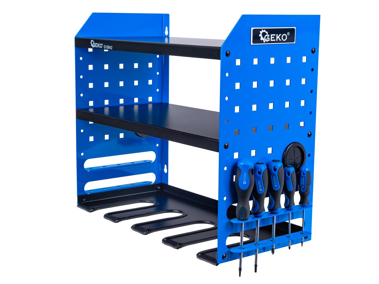 Organizzatore per attrezzi da parete, supporto per trapano a percussione, scaffale portautensili in metallo, organizer pesante per garage e officina con supporto laterale per cacciavite per garage, Geko