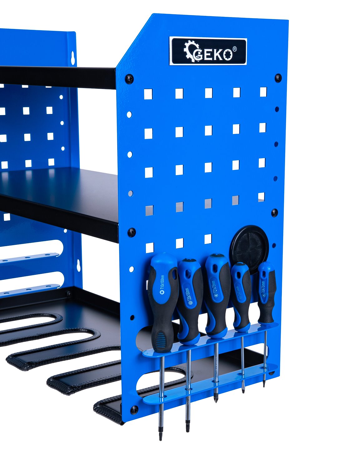 Organizzatore per attrezzi da parete, supporto per trapano a percussione, scaffale portautensili in metallo, organizer pesante per garage e officina con supporto laterale per cacciavite per garage, Geko