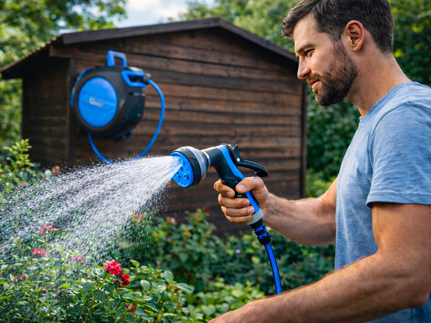 Avvolgitubo automatico da parete, con tubo da giardino con pistola a 7 funzioni  1/2" 20 m SKY-LINE