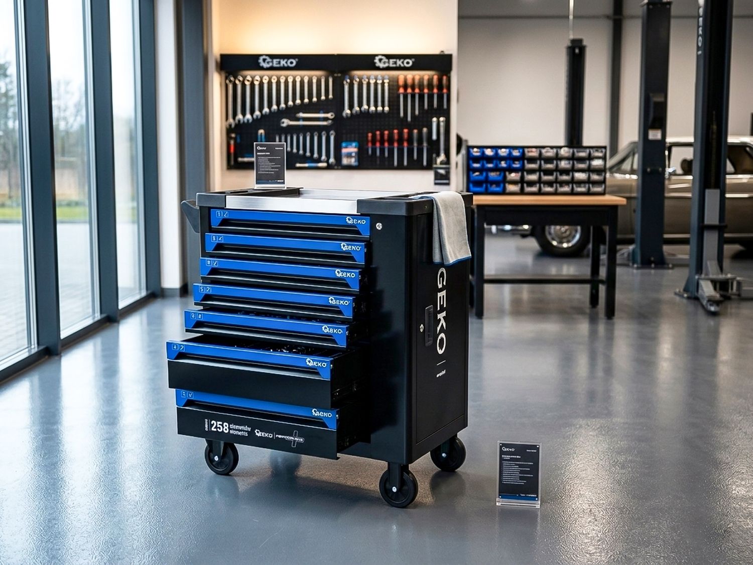 Carrello porta attrezzi / portautensili completo di 258 utensili 7 cassetti, 7 moduli inserti, carrello portautensili attrezzi inclusi, Geko