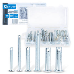 Perni Clevis con assortimento di pin, acciaio inox, singolo foro testa piatta, 60 pezzi, Geko