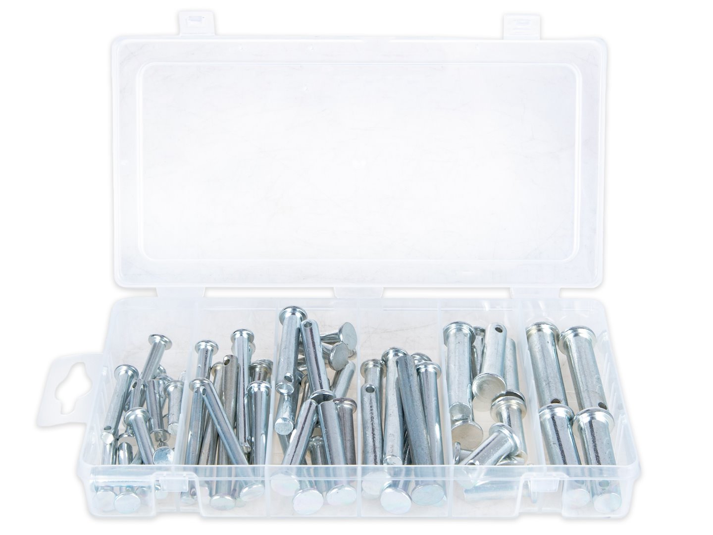 Perni Clevis con assortimento di pin, acciaio inox, singolo foro testa piatta, 60 pezzi, Geko